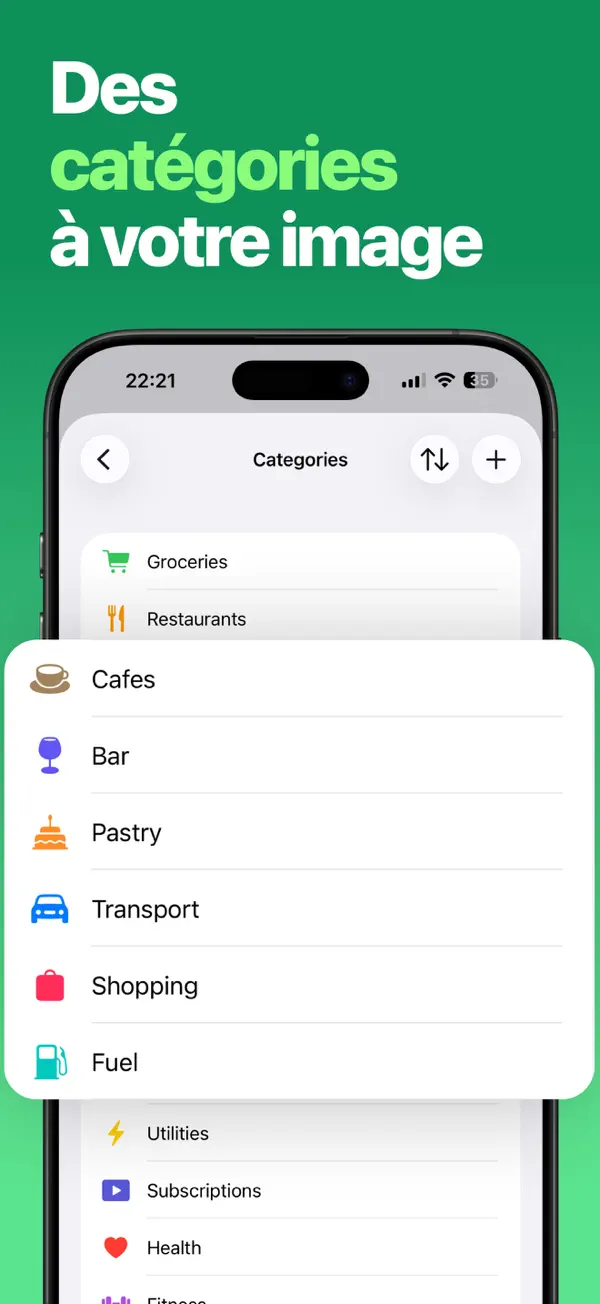Budgy, capture d’écran : Catégories sur mesure